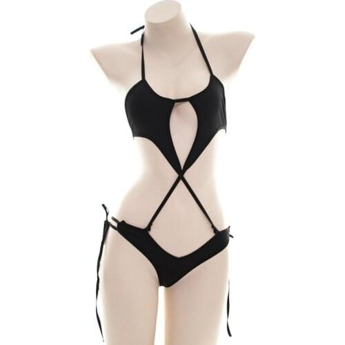 Sexy Cute Womens Bodysuit Bikini Teddies Pure Color Backless Exotic Apparel Black Swimwear Underwear Lace Ties