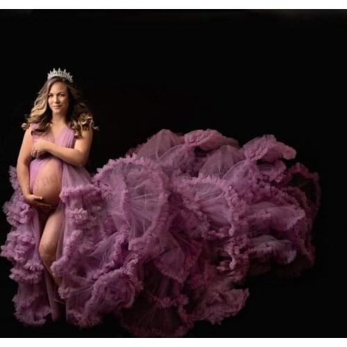 Light Purple Tiered Sleeveless Long Train Maternity Dresses Popular Sheer Tulle Woman Dresses for Photographing Custom Made