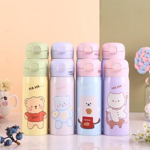 400ML Stainless Steel Thermocup Bouncing Cover Bottle Vacuum Flask Bear Pattern Thermal Mug Travel Thermos Cup With Straw