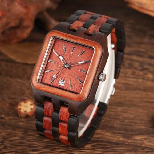 Unique Rectangle Dial Watch Men Red Sandalwood Wood Watch Mens with Full Natural Woody Bracelet Calendar Date Quartz Wristwatch