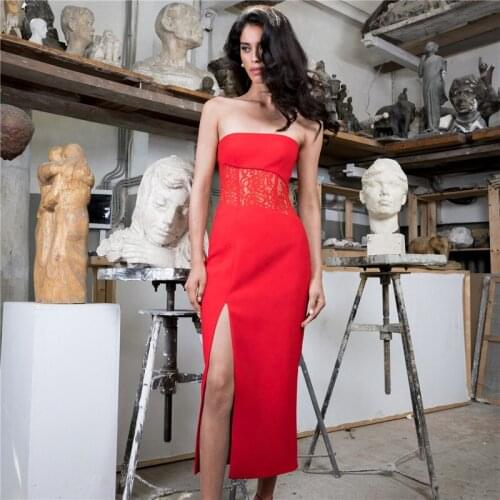 High Quality Red Bandage Dress Rayon Sexy Strapless Midi Woman Bodycon Dress Elegant Celebrity Night Party Dress Vintage Vestio