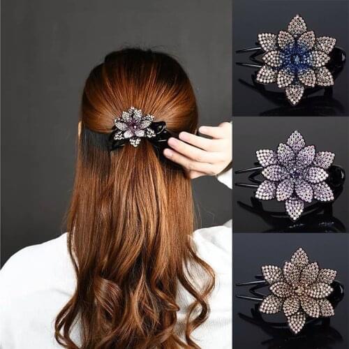 Korean Style Rhinestone Flower Duckbill Hair Claws Vintage Hair Clips Accessories For Women Shinning Hairpin Ponytail Headwear