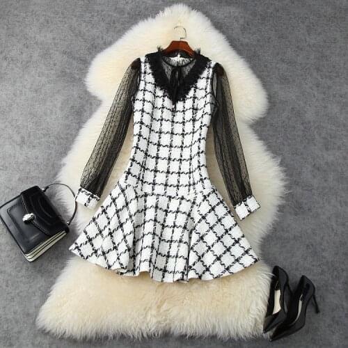 European and American womens clothing 2020 autumn new style Dot mesh long sleeve splicing tweed Fashionable dress