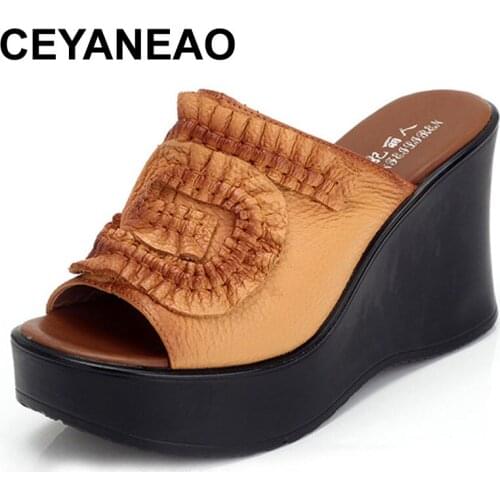 CEYANEAO Genuine Leather Women Sandals Shoes Woman Summer Wedge Sandals Women Color Block Decoration Sandals Mother Shoes Plus