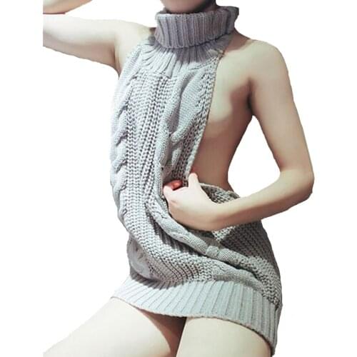 2020 Autumn Summer Turtleneck Sleeveless Long Virgin Killer Sweater Japanes Knitted Sexy backless Women Sweaters And Pullovers