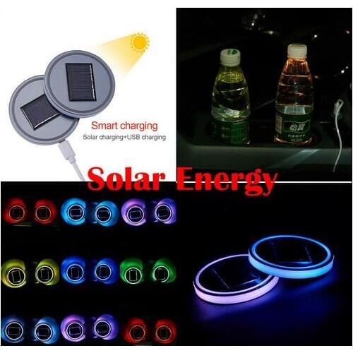 2 Pieces Colorful Solar LED Light Car Cup Bottle Holder Pad Mat All Car Atmosphere