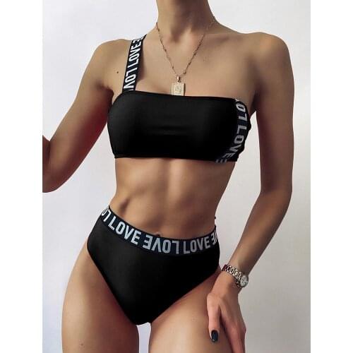 2021 New Letter Print Bikini High Waist Swimsuit Sexy One Shoulder Swimwear Women Push Up Bathing Suits Beach Wear Swimming Suit