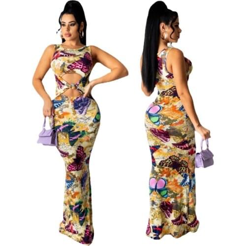 2021 Multicolor Fashion Sexy Butterfly Print Hollow O-Neck Sleeveless Sexy Long One-Piece Dress
