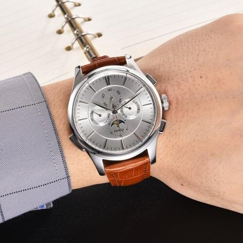 44MM PARNIS Automatic Self-Wind movement mens watch Silver dial Moon Phase Multifunction week display Date watches