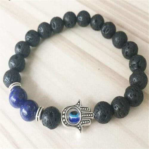 8MM Lava Stone Lapis Lazuli Gemstone Mala Bracelet 7.5 inches Stretchy Tibet Silver Meditation Wrist Handmade Pray Bless