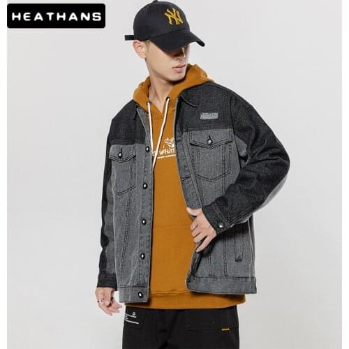 Autumn Winter Men Black Jean Jacket Youth Color Contrast Denim Jacket Mens Casual Single Breasted Patchwork Jacket For Male Coat