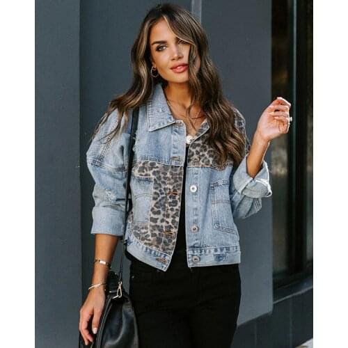 Jean Jacket for Women Patchwork Denim Jacket Casaco Jeans Feminino Long Sleeve Denim Jacket Female Leopard Stitching Women Coat