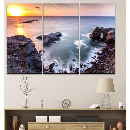 Canvas Prints Paintings Modern Home Decor 3 Pieces Blue Sky Seaside Reef Pictures Sunset Seascape Poster Wall Art Framework