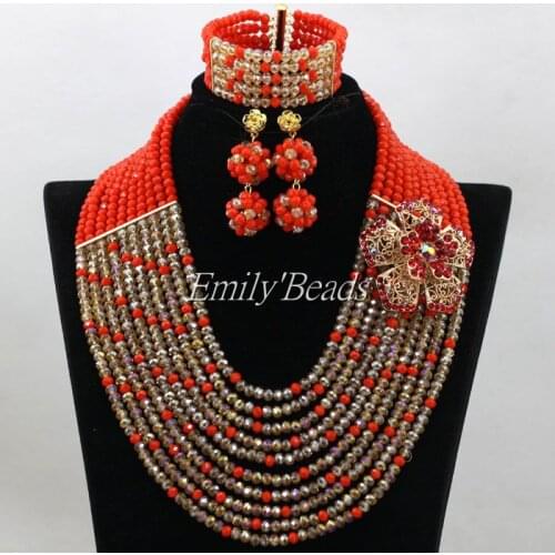 Beautiful Nigerian Wedding Beads Necklace Bracelet Earrings Set 10 Rows Costume African Crystal Beads Jewelry Set ALJ277