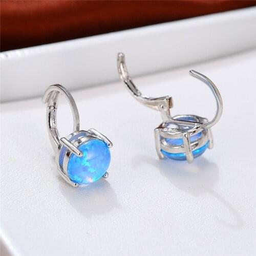 Minimalist White Blue Opal Round Stone Earrings Vintage Silver Color Small Hoop Earrings For Women Charm Bridal Wedding Earrings