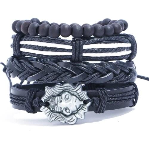 Punk Vintage Leather Bracelet Set Multilayer Rock Lion Charm Retro Gothic Jewelry Beads Black Braided Rope Bangle Wrap Men Women