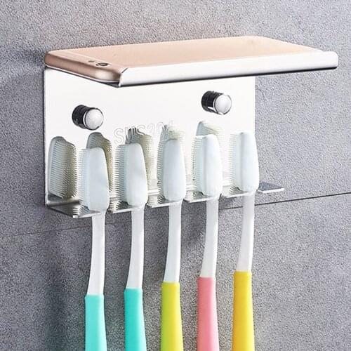 Stainless Steel Wall Mounted Shower Bathroom Toothbrush Toothpaste Holder Stand 5 Holes, Easy To Install