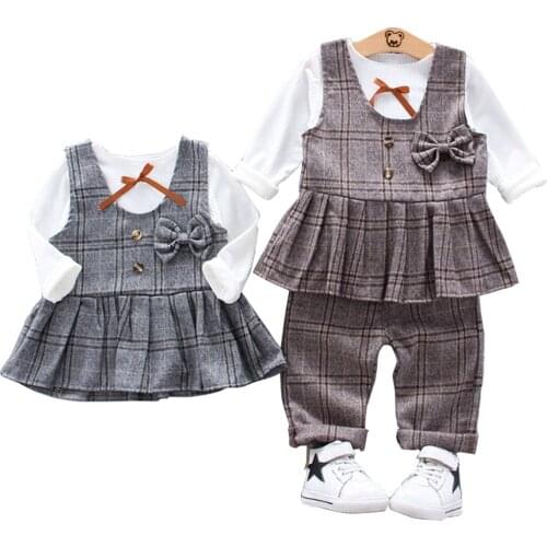 The New Spring Autumnbaby girl clothes Long-sleeved T-shirt + plaid vest +trousers 3-piece set Children' Clothing 6Months-4 Yrs