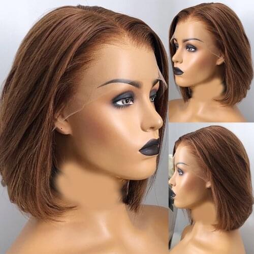 Straight Short Bob Lace Front Human Hair Wig Brown Lace Front Wig Brazilian Remy Closure Wig Bleached Knots T Part Lace Wig 180