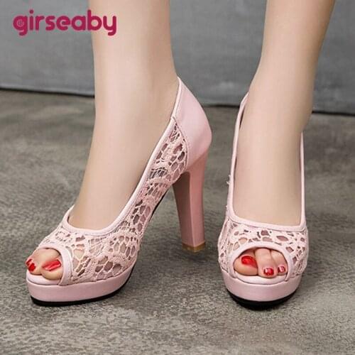 Girseaby Women New 2021 Pumps Peep Toe 10cm Block Heels Mesh Slip-On Stylish Breathable Platform Sexy Big Size 43 Casual A3654