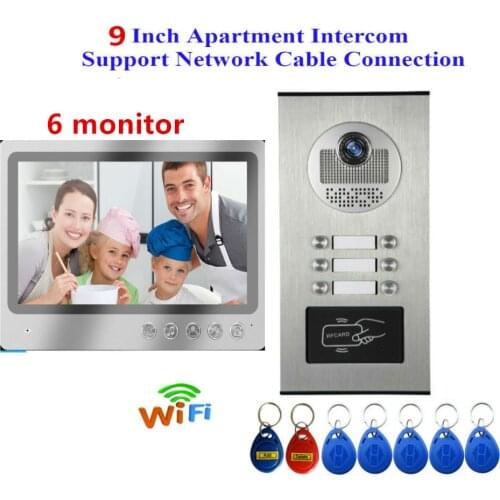 9" Color LCD Video Door Phone Intercom System 2~6 Monitors + RFID Access Outdoor Camera For 2~6 Apartment