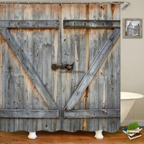 Rustic Shower Curtain Doors of An Old Rock House with French Frame Details in Countryside European Past Fabric Bathroom