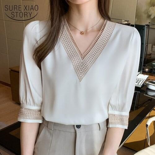 New Short Sleeve White Women Blouse Tops Solid Color Female Clothing V-Neck Chiffon Shirt Women Blusas Mujer De Moda 2021 13367
