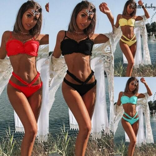 Women Solid Color Floral Ruffles Swimming Bikini Suit Ladies Sexy Swimwear 2Pcs Push Up Padded Beachwear Bathing Suit Swimsuit