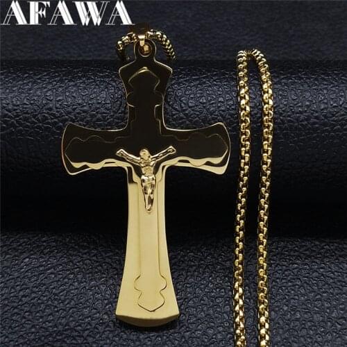 Stainless Steel Christian Cross Jesus Long Big Pendant Necklace Women Gold Color Statement Necklace Jewelry colgante N4297S02