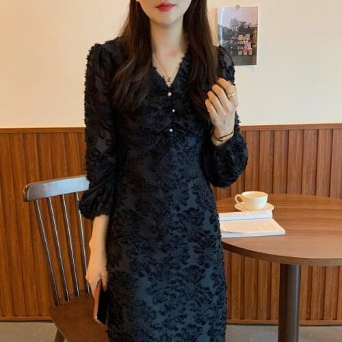 Elegant Tassel Long Midi Fishtail Dress Women V-Neck Lantern Sleeve Spring Party Dress Black White Korean Office Lady Vintage