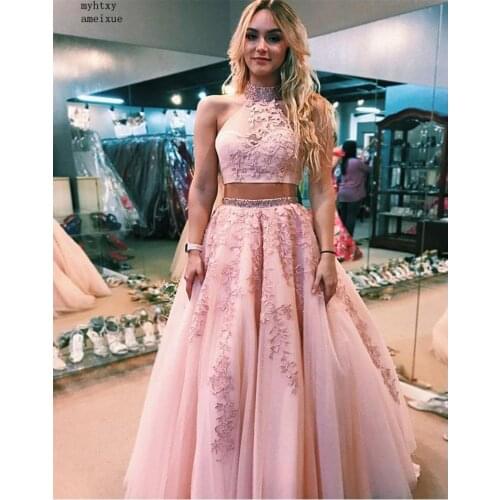 2020 Pink Prom Dresses Lace 2 Pieces Appliques Vestidos Para Quinceaneras Ball Gown Masquerade Backless Tulle Evening Dresses
