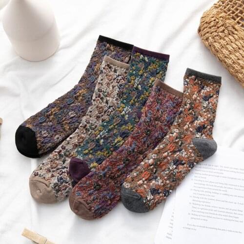 5 Pairs Pack Women Socks Cotton Harajuku National Wind Flowers Winter Ladies Floral Warm Cute Vintage Tide Short Socks Meias Set