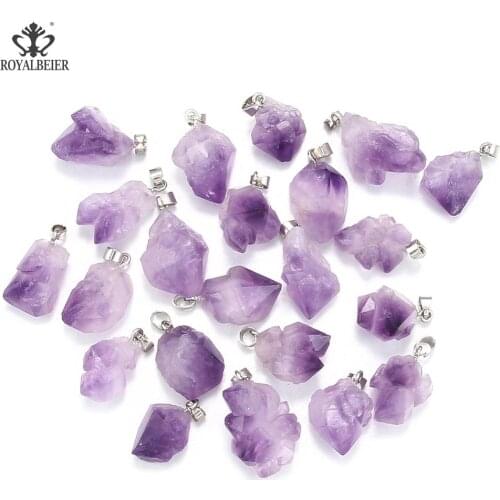 5 PCs Natural Stone Pendants Purple Reiki Beads Amethysts Healing Crystal Chakra Random Original Size Accessories