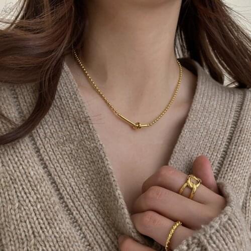 AOMU Korean Retro Geometric Knot Chain Necklace Minimalist Beads Gold Silver Color Necklace for Female Party Jewelry