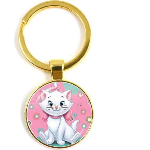 The Aristocats Art Cat Cartoon Picture Golden Plated Keychain 25mm Glass Cabochon Key Rings Key Holder For Friends Jewelry Gift