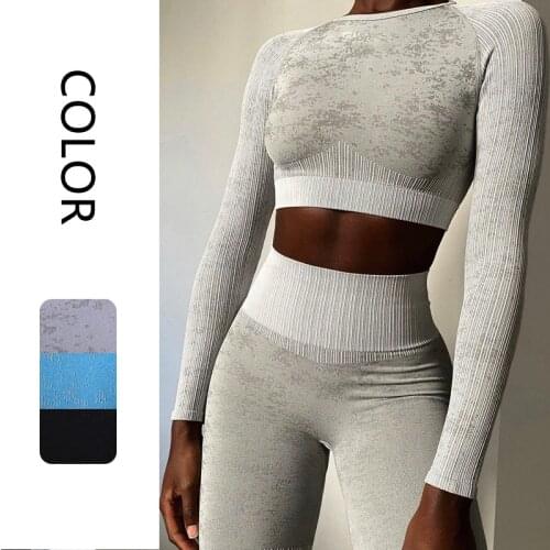 Seamless Yoga Set Women Two pcs Long Sleeve Crop Top T-Shirt booty Leggings Tracksuit Outfit ClothesScrunch Wear Sport Fitness