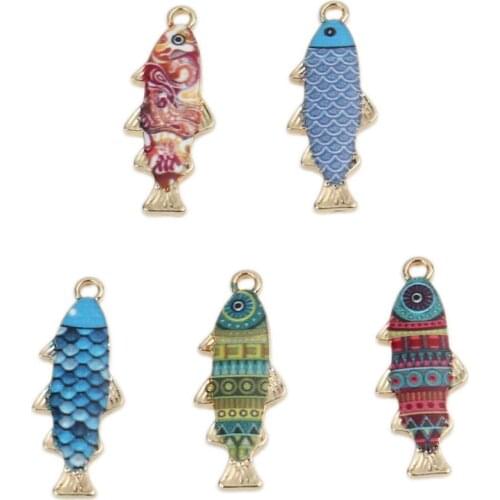 DoreenBeads Fashion Japanese Style Pendant Zinc Based Alloy Ocean Jewelry Fish Animal Gold Blue Enamel DIY 27 x 11mm, 10 PCs