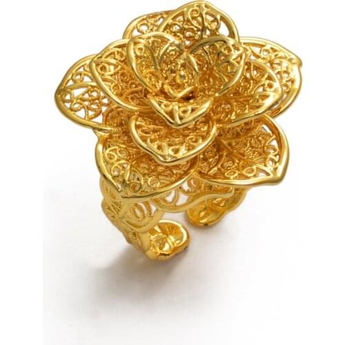Anniyo Resizable Flower Ring for Women Girl Gold Color Jewelry Hawaiian Africa Wedding Party Rings #080404