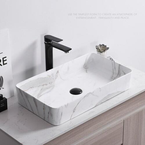 Square Bathroom Vessel Sink White Home Ceramic Washbasin With Faucet Nordic Simple Marble Pattern Art Above Counter Wash Basin