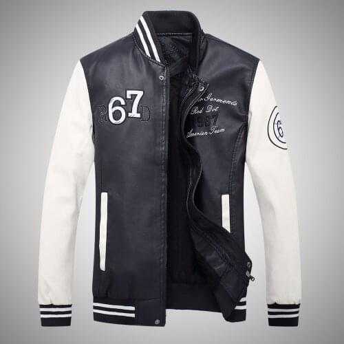 Autumn Winter Fashion Mens PU Leather Coats Embroidered Handsome Boys Baseball Leather Jackets Slim Fit Plus Velvet Outerwear