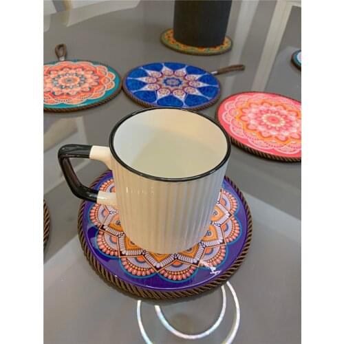 New 16cm Ceramic cork non-slip coaster retro bohemian pattern coffee tea coaster heat insulation anti-scalding pot and bowl mat