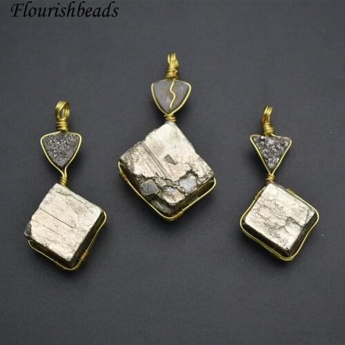 New Design Wire Wrapped Natural Pyrite Cubic Square Double Layer Durzy Pendant