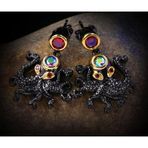 Original Design Hip Hop Black Gold Octopus Animal Earrings for Women 925 Sterling Silver Ruby Gemstone Vintage Turkish Jewelry