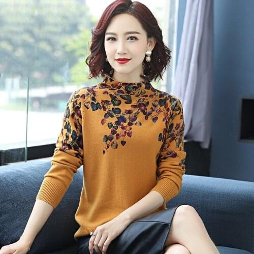 Fall Spring Womens Turtleneck Printed Floral Rhinestone Knit Sweater Pullover , Woman Clothes Beige 2020 Knitted Sweaters