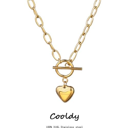 Love Heart Necklace Stainless Steel Necklaces For Women Coin Lock Pendant Necklace Gold Long Thick Chain Necklaces Jewelry Gift
