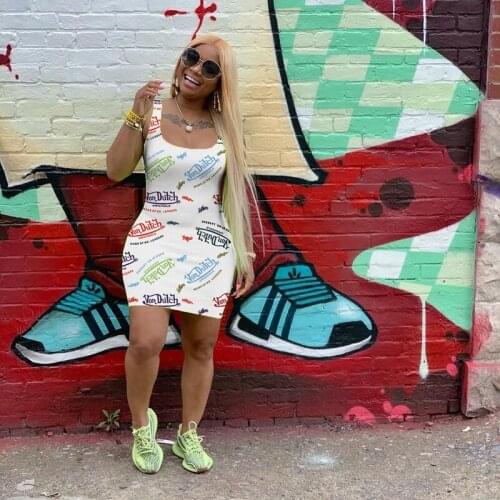 TNNAOFF Aesthetic Print Elastic Bodycon Mini Dress for Women Summer Fashion Sleeveless Lounge Wear Sports Vest Dresses Wholesale