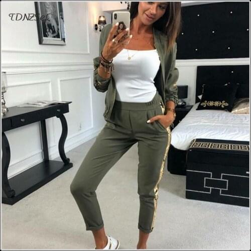 Casual Side Sequined Sweatshirt Trousers 2 Two Piece Sets Women Long Sleeve Zipper Coats Tops Elastic Waist Slim Sweatpants Sets