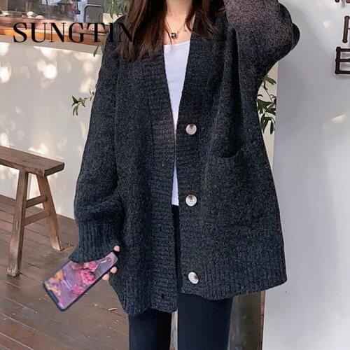 Sungtin Lazy Loose Cardigans Sweater Women 2021 Autumn Office Lady Solid Casual Knitted Sweaters Coat Female Korean Fashion Tops