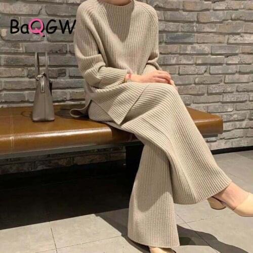 BaQGW Knitting Sweater Pullover and Wide Leg Pants Two Piece Set Women Vintage Women Autumn Elegant Warm Sweater Outfits Women
