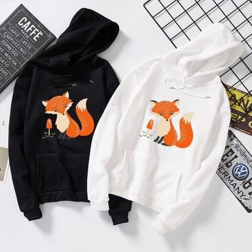 Womens Cute Fox Print Student Loose Long Hoodies Tops Streetwear Japanese Women Harajuku Autumn Hooded Sweatshirts Pullovers